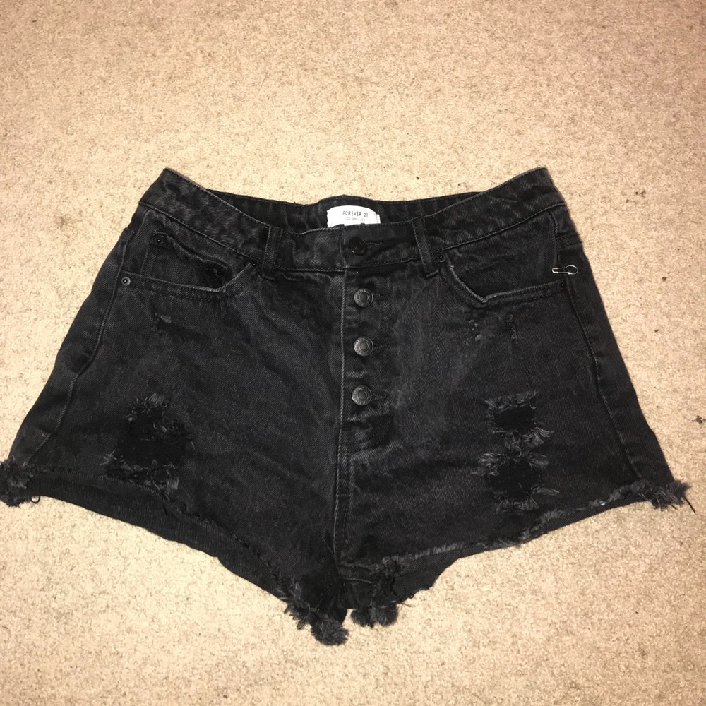 High waisted distressed black jean shorts